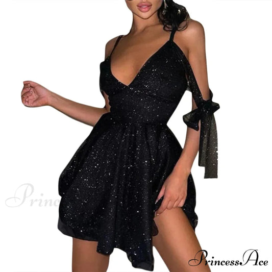Shiny Slim Black V-Neck Party Dress