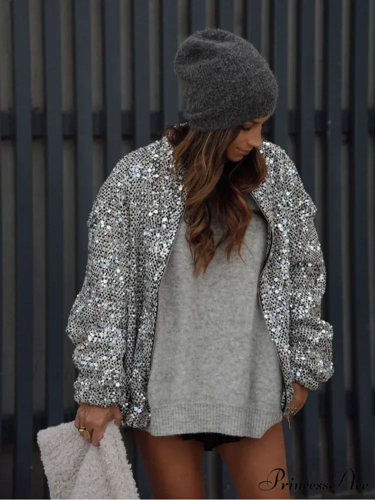 Shiny Sparkles Patchwork Bomber Jacket Silver / S coats-241228