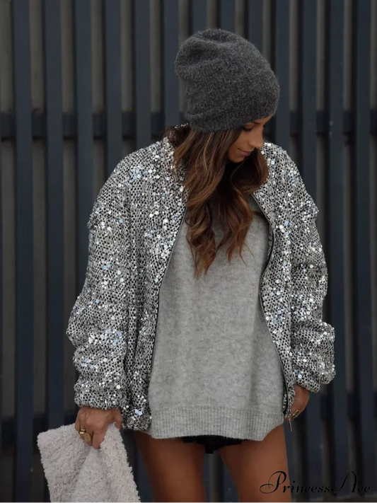 Shiny Sparkles Patchwork Bomber Jacket Silver / S coats-241228