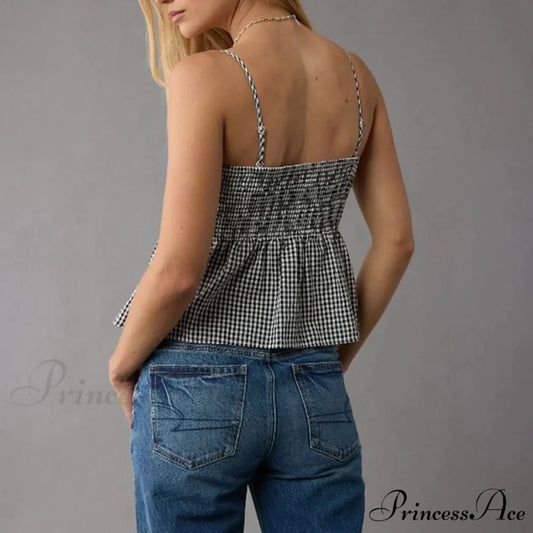 Shirred Checked Peplum Crop Top croptop-250223