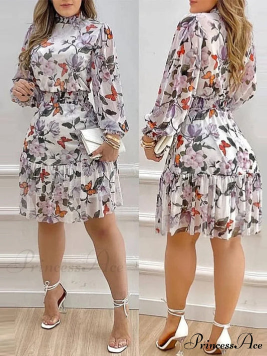 Shirred Ruffles Midi Vestidos Elegant Party Dress Multicolor / S