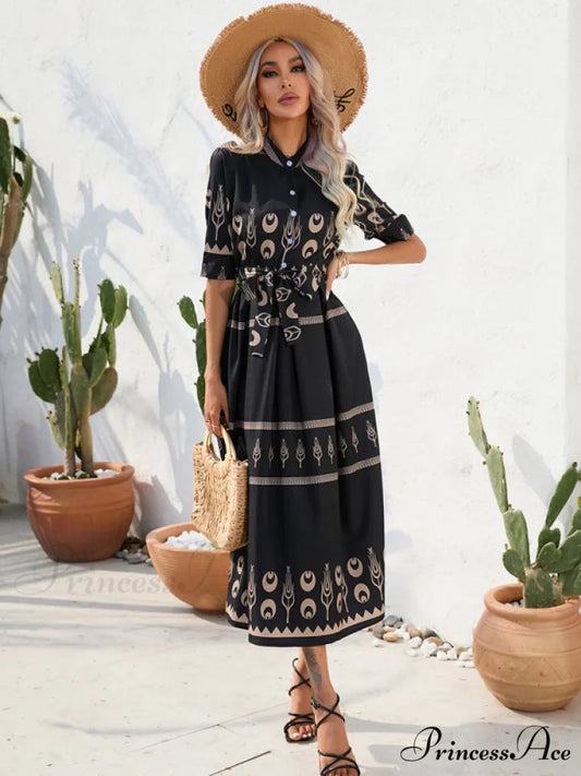 Shirred-waist Patterned Full-Length Crepe Gown for Three-quarter-sleeve Women