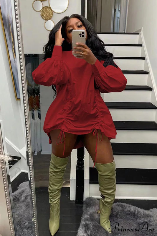 Shirring Shirt Dress with High Collar Red / S