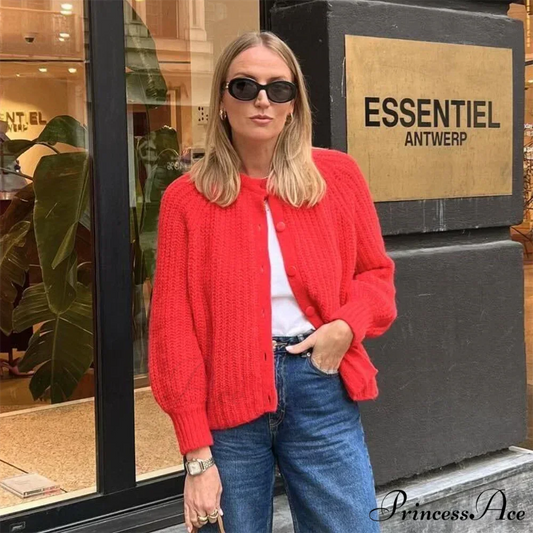 Short Cardigan with Round Neck Long Sleeve Fashionable Red Christmas Sweater