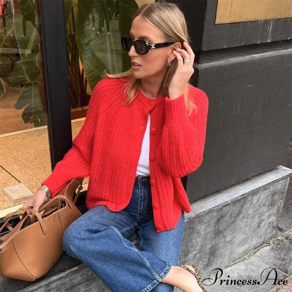 Short Cardigan with Round Neck Long Sleeve Fashionable Red Christmas Sweater