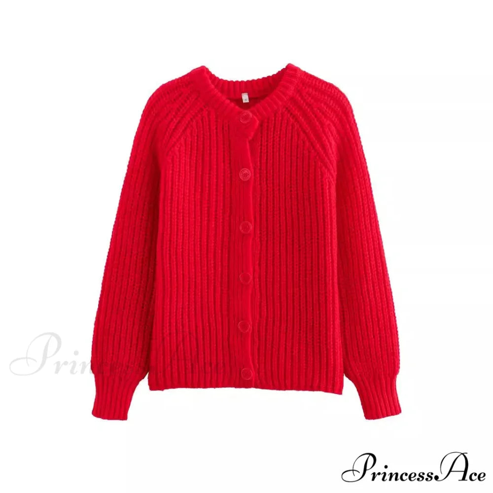 Short Cardigan with Round Neck Long Sleeve Fashionable Red Christmas Sweater Red / S