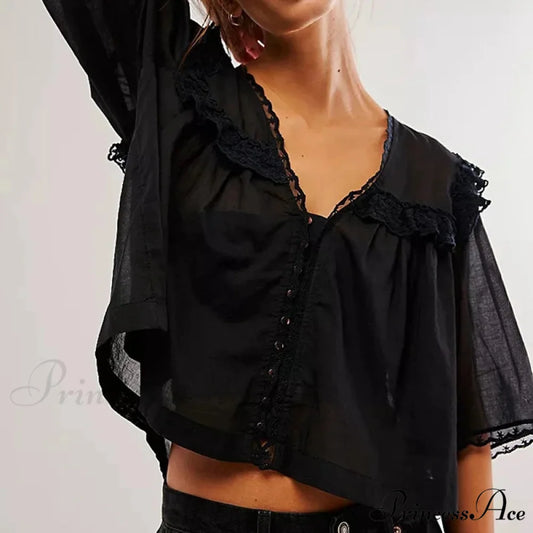 Short Cut Chiffon Frill Lace Trim Top Black / XS blouse-250223