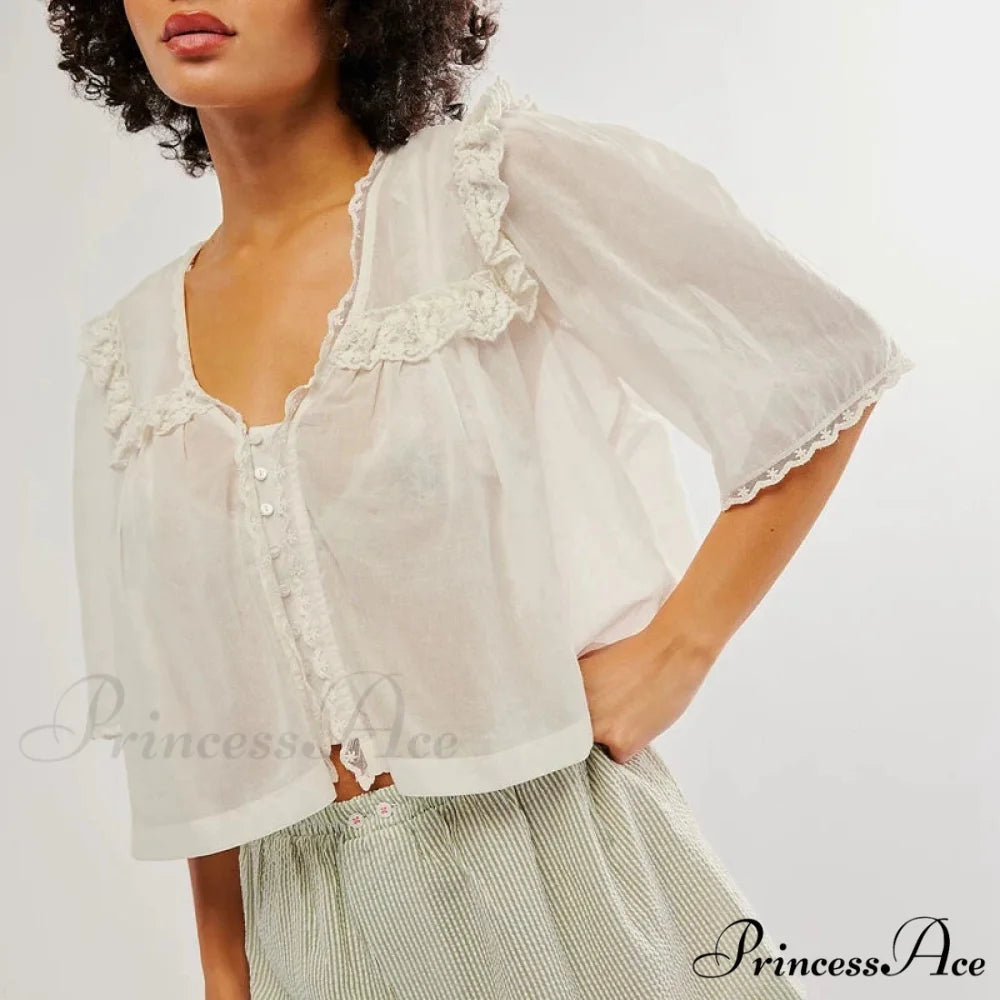 Short Cut Chiffon Frill Lace Trim Top blouse-250223