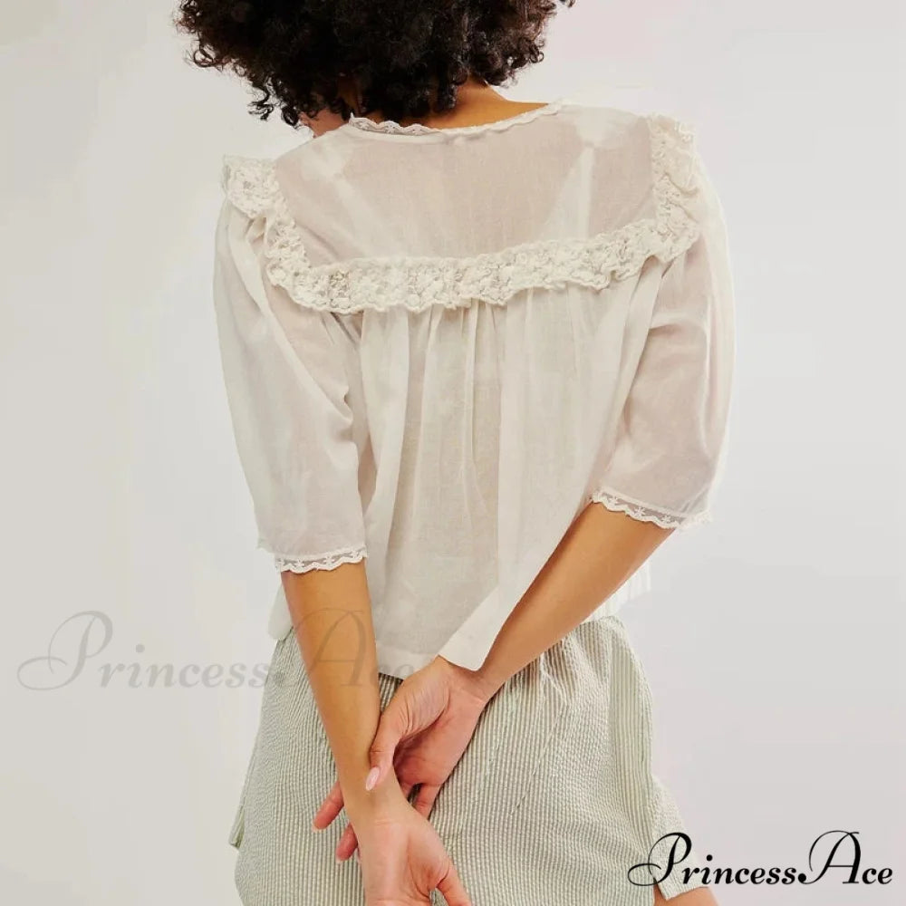 Short Cut Chiffon Frill Lace Trim Top blouse-250223