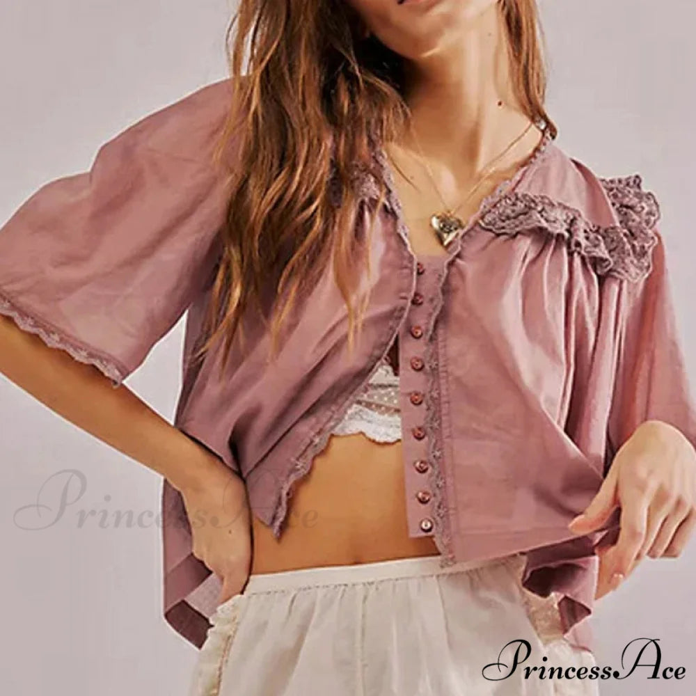 Short Cut Chiffon Frill Lace Trim Top Lotus root color / XS blouse-250223