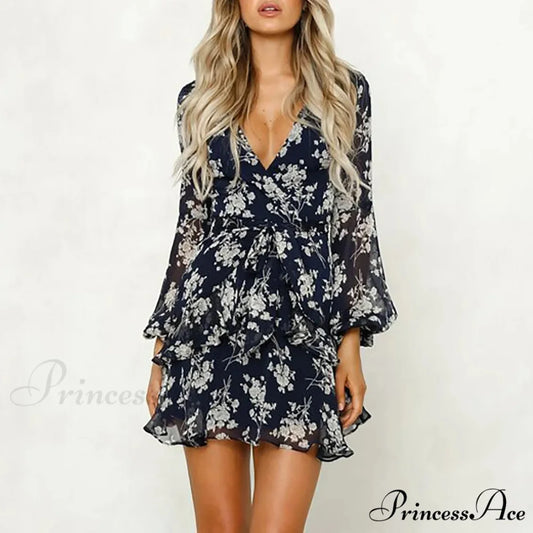 Short Cut Deep V-Neck Bohemian Lace-Up Floral Dress Blue / S floraldress-250126