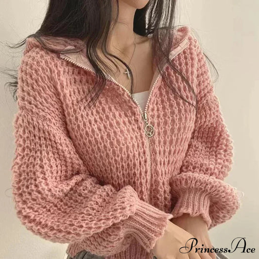 Short Hooded Perforated Knit Cardigan Pink / S cardiagn-250126