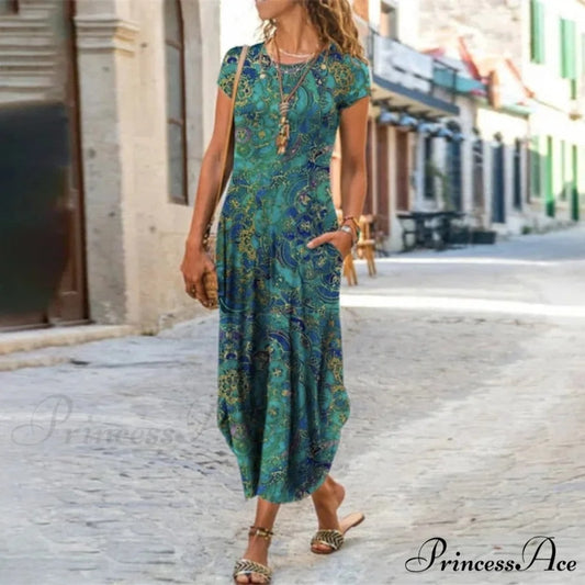 Short Sleeve Bohemian Long Dresses Green / S