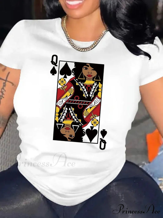 Short Sleeve Cartoon Card Q Print Spring & Summer Women’s Clothing Crew Neck T-shirt WHITE / S