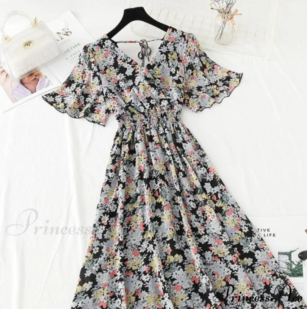 Short sleeve Chiffon Dress black / S