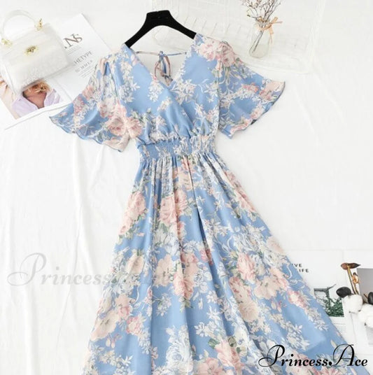 Short sleeve Chiffon Dress blue / S