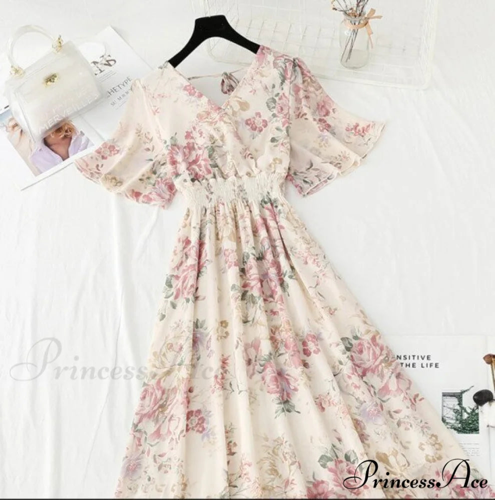 Short sleeve Chiffon Dress cream / S