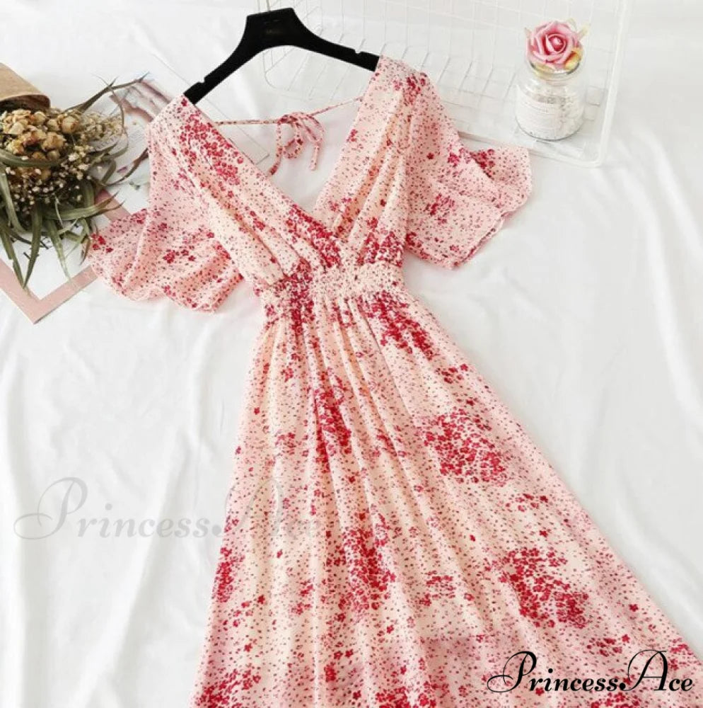 Short sleeve Chiffon Dress red 2 / S