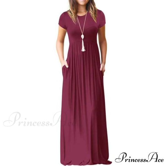 Short Sleeve Ladies Party Casual Dresses Burgundy / S