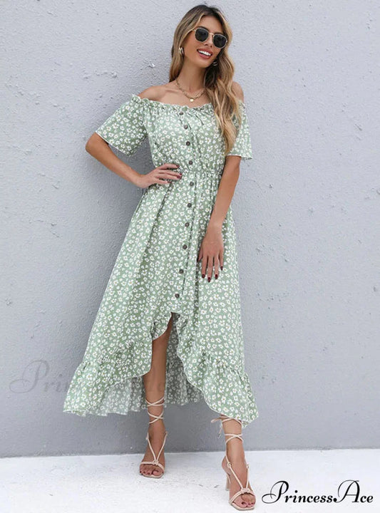 Short-Sleeve Printed Dress with Irregular Pattern S / green