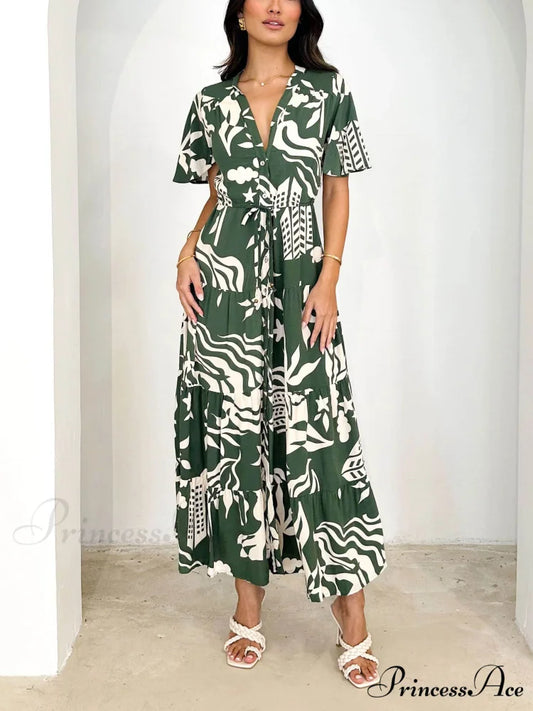 Short Sleeve Resort Charming Print Midi Dress Green / S