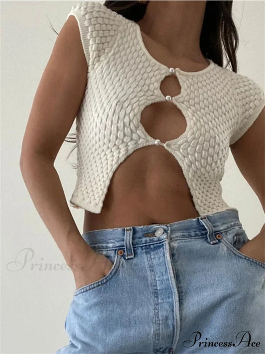 Short Sleeve Ruched O-Neck Buttons Up Y2K Knitted Crop T-shirts