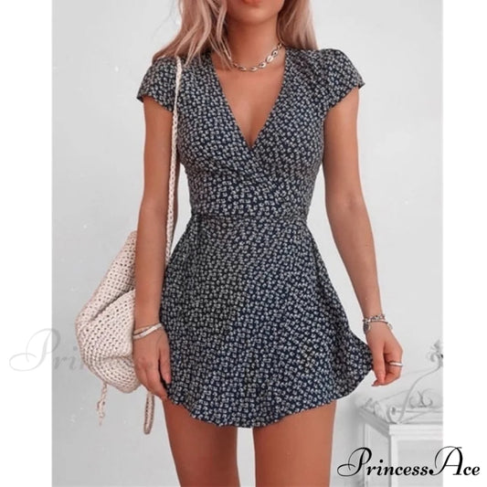Short Sleeve Sexy V-neck Dresses BLACK / S