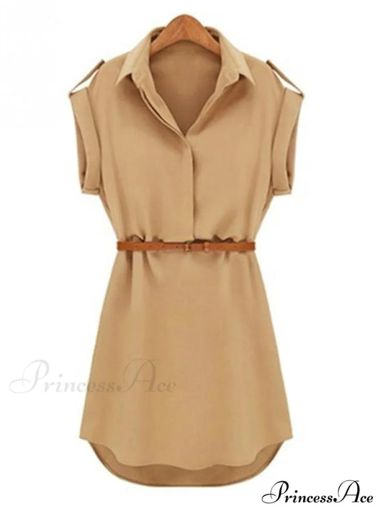 Short Sleeve Women’s Shirt Blouse Dress with Belt S / Blue
