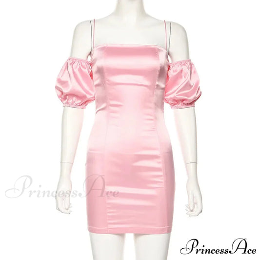 Short-sleeved Solid Strapless Mini Elegant Party Evening Fashion Bodycon Dress Pink / S