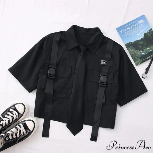 Short-Sleeved Tie Fashion Womens Spring High-Waist Streetwear Loose Blouse Pants Ribbon Autumn Straight with Cargo Set