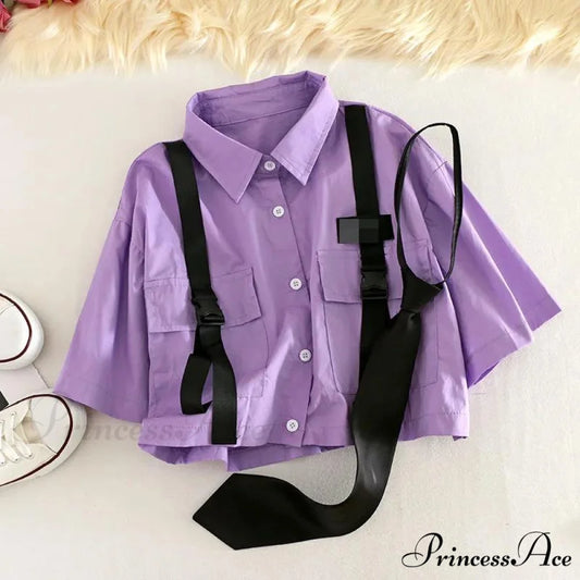 Short-Sleeved Tie Fashion Womens Spring High-Waist Streetwear Loose Blouse Pants Ribbon Autumn Straight with Cargo Set