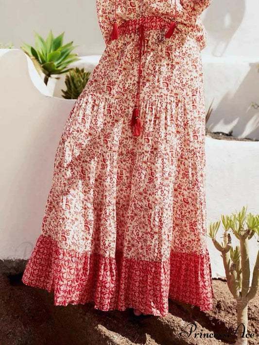 Short Waist A-line Seaside Skirt Floral Crimson Maxi Frilled Vacation Skirts / XS skirt-250126