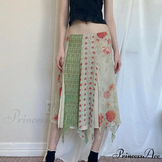 Short Waist Hippie Skirts Uneven Size Flower Chiffon Holiday skirt-250126