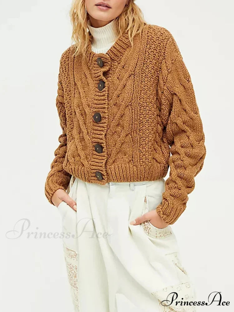 Shortened Cable Knit Button-Up Sweater cardigans-241228