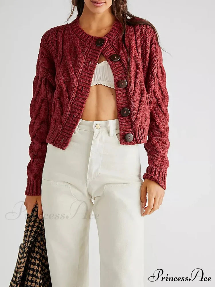 Shortened Cable Knit Button-Up Sweater cardigans-241228