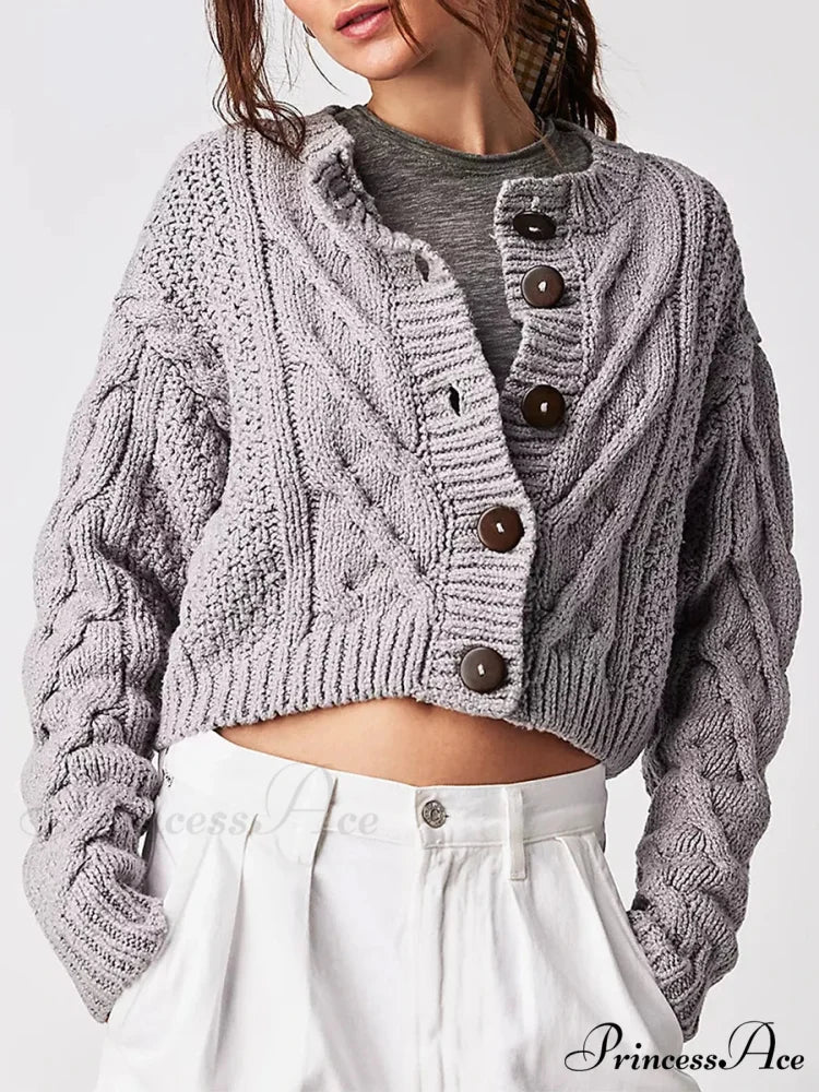 Shortened Cable Knit Button-Up Sweater cardigans-241228