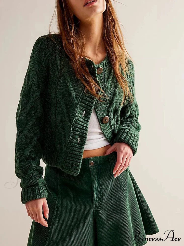 Shortened Cable Knit Button-Up Sweater cardigans-241228