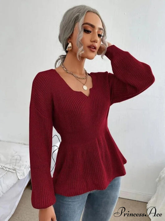 Shoulder Arm Knit Notched Dropped Top with Long Detail Wine / S