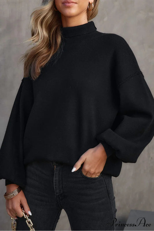 Shoulder Arm Turtleneck Knit Bubble Sweater Drop in Black Black / S / 50% Viscose + 28% Polyester + 22% Polyamide