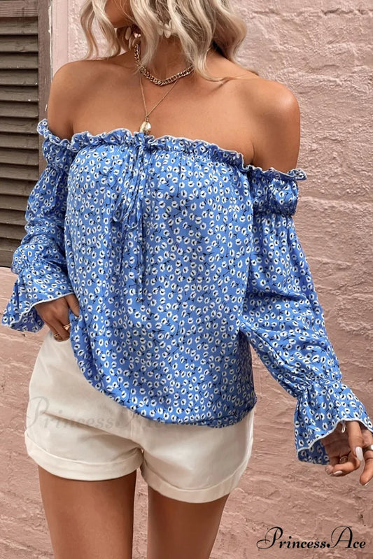 Shoulder Patterned with Off Blouse Frill Trim Cobalt Blue / S