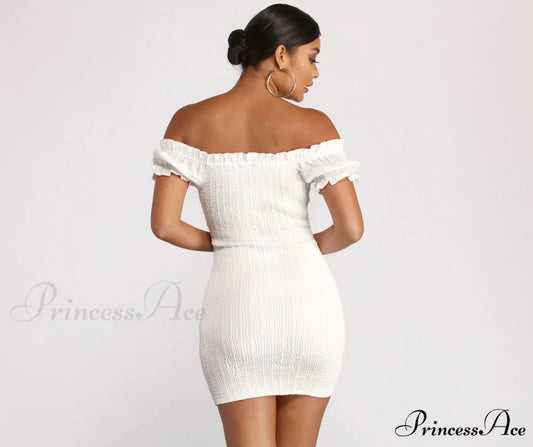Show ’Em Off Charming Shoulder Smocked Mini Dress