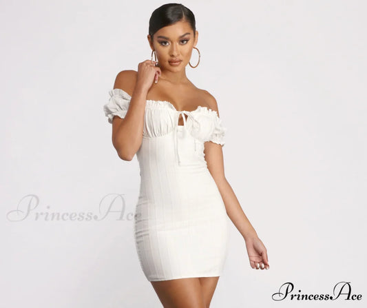 Show ’Em Off Charming Shoulder Smocked Mini Dress WHITE / XS