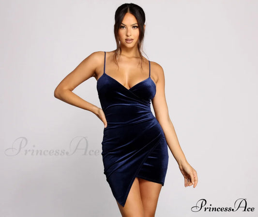 Showstopper Sleeveless Stylish Velvet Asymmetrical Dress NAVY / XS