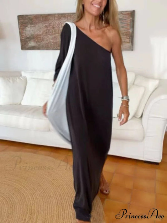 Side One Shoulder Charming Statement Maxi Dress Black / S