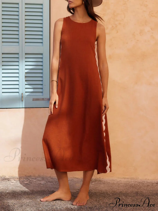 Side Wave Stripes Embellished Graceful Side Slit Loose Dress Brown / S