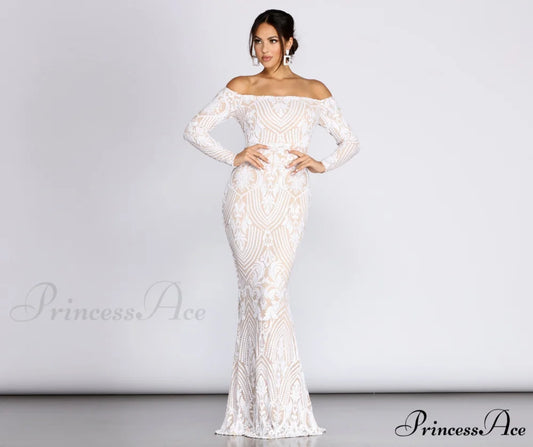 Sierra Sequin Off Charming The Shoulder Formal Dress WHITE / XS