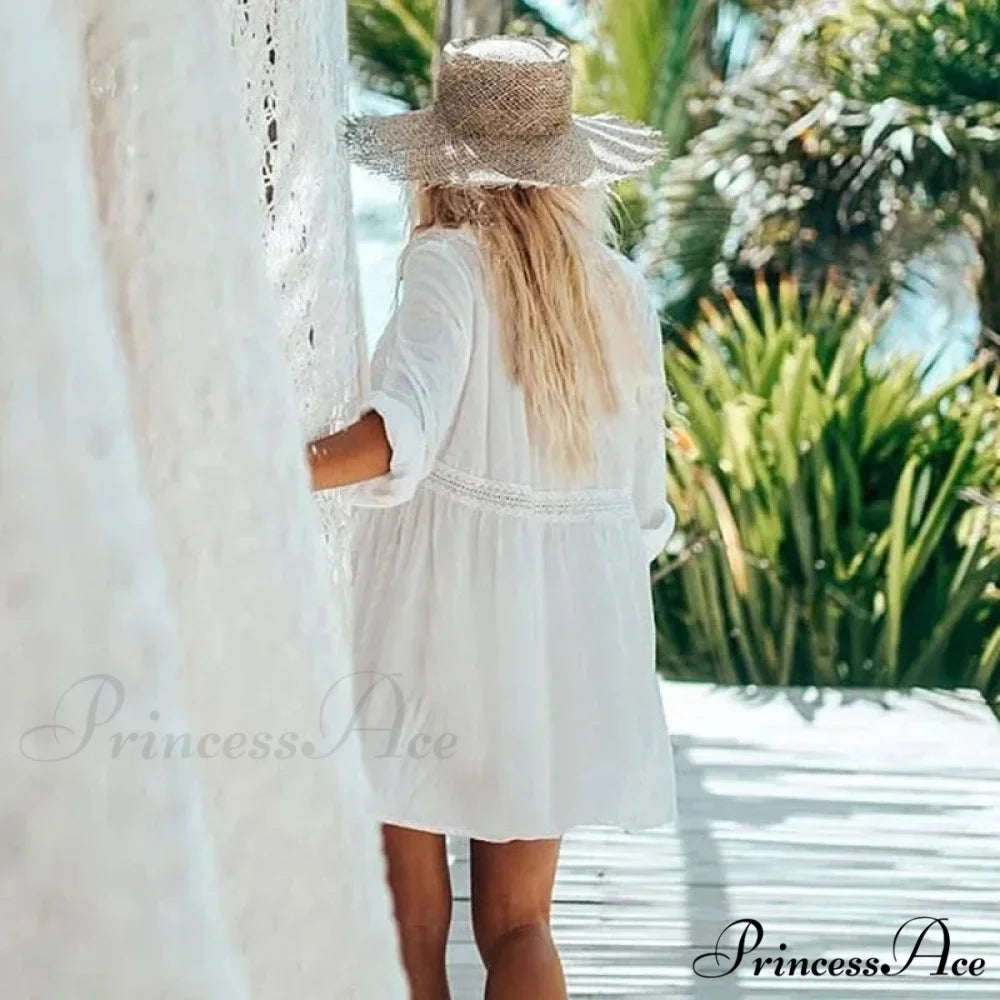 Silk Lace Baggy Bohemian Ivory Mini Dress White / One Size bohodress-250126