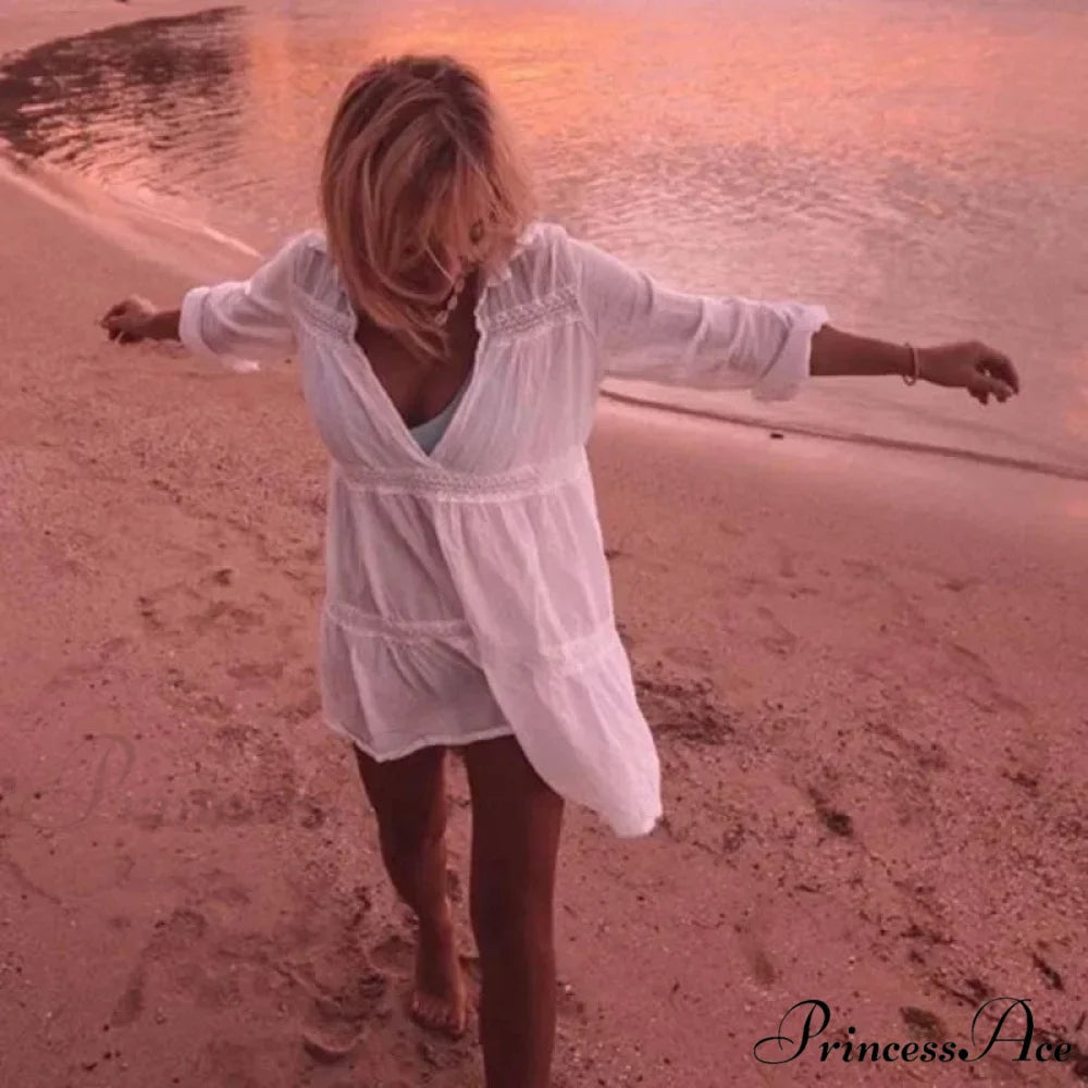 Silk Lace Baggy Bohemian Ivory Mini Dress White / One Size bohodress-250126