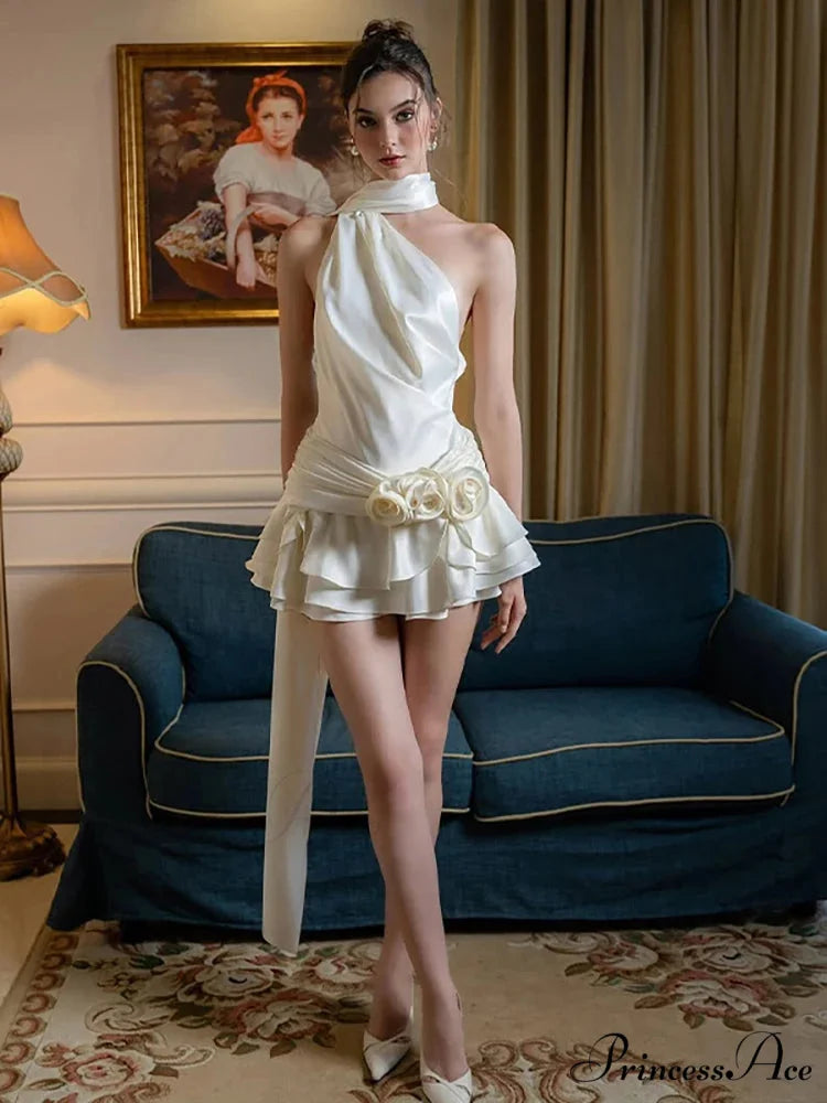 Silky 3D Blossom Halter Mini Dress minidress-250223