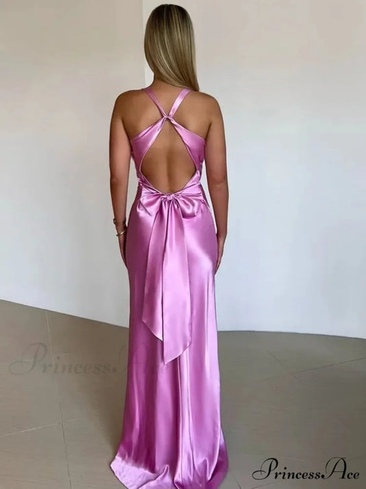 Silky Open-Back Gathered Long Holiday Dress Purple / S vacationdress-250223